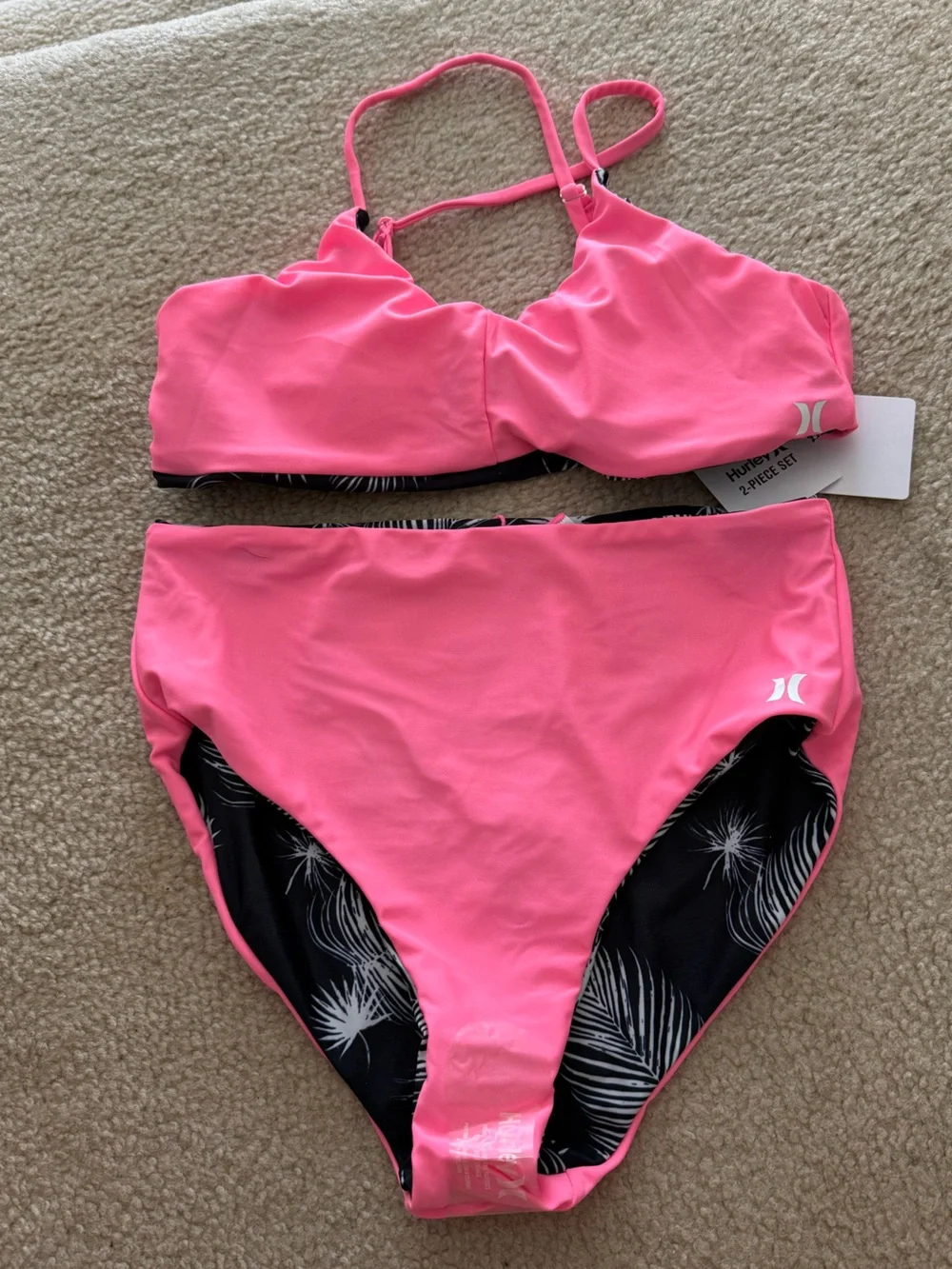 NWT Girls Hurley Reversible Palm Print Bikini Set - Black & Hot Pink